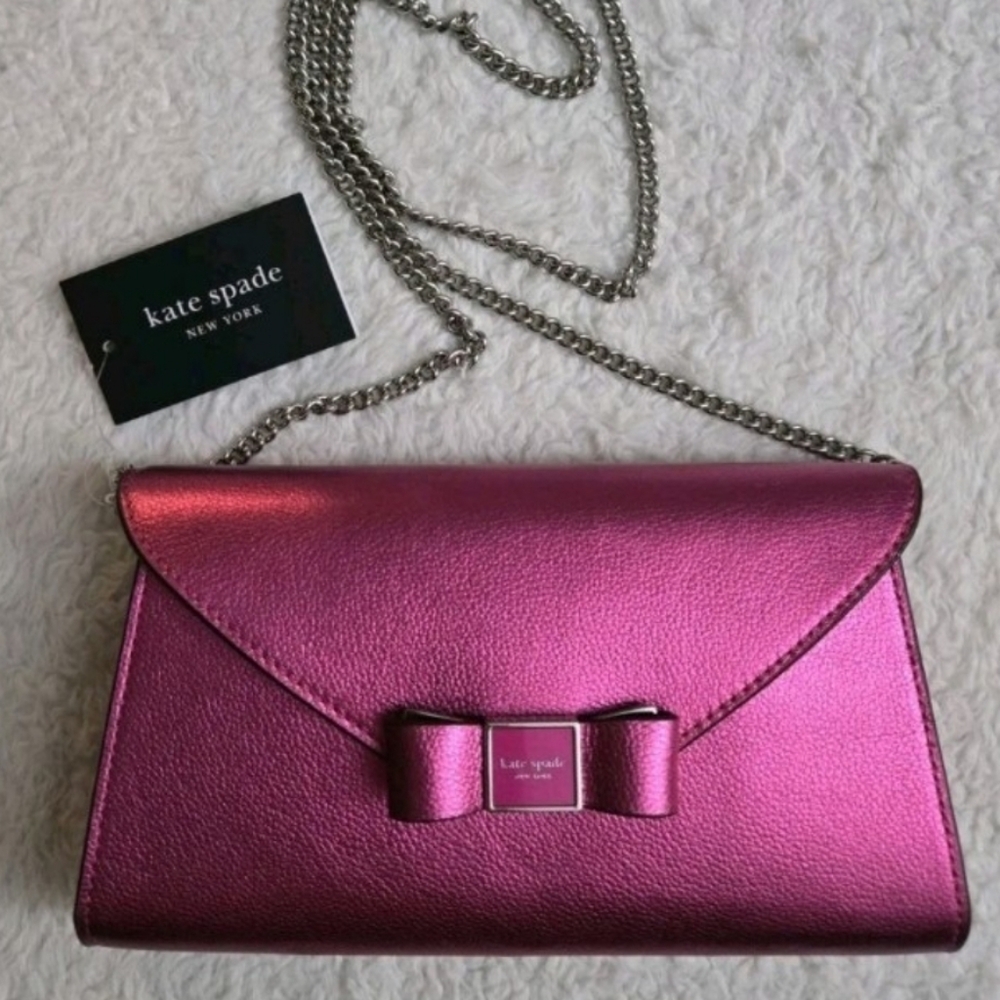 Kate Spade Metallic Pebble Envelope XBody Morgan Bow Bikini Pink NWT 24 " Chain - Picture 10 of 12